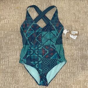 PRANA women’s  One Piece Swimsuit - Teal and Navy size small NWT